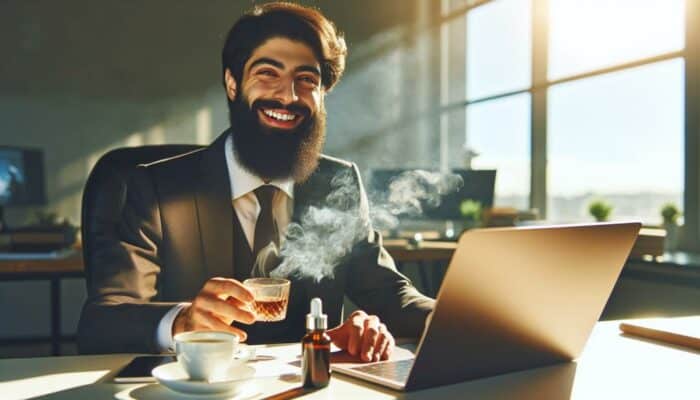 CBD au Travail : Maîtrisez le Stress Professionnel avec Sérénité - Image Featured - Un flacon de CBD avec un arrière-plan de bureau professionnel et serein, symbolisant les avantages du CBD pour une journée de travail plus sereine.