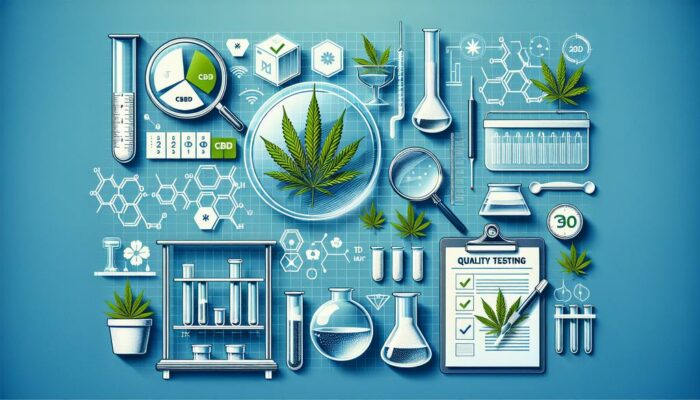 "Image représentant un laboratoire d'analyse effectuant des tests de qualité sur des produits CBD. Des flacons de CBD sont posés sur une table avec des équipements de laboratoire en arrière-plan."