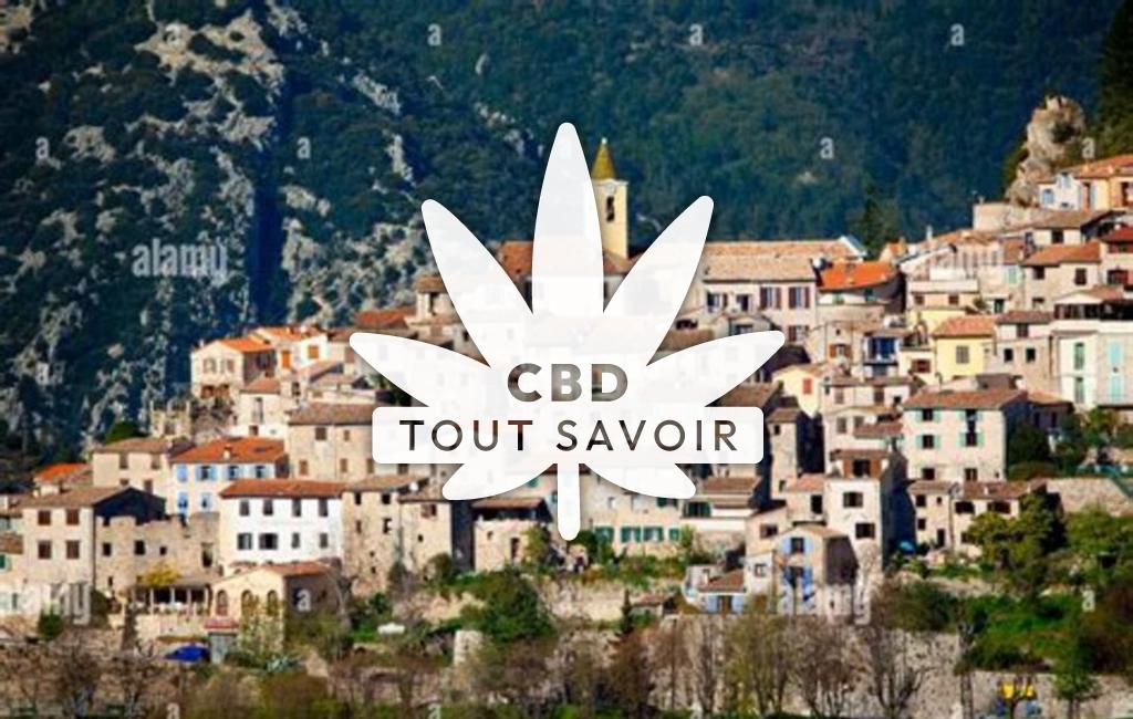 Village dans les Alpes-Maritimes avec feuille Cannabis CBD