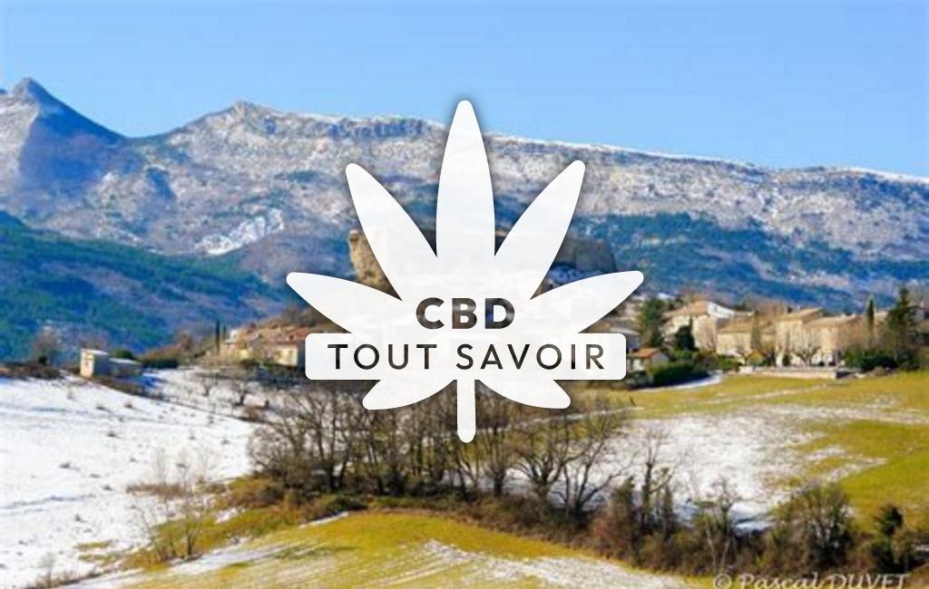 Village dans les Alpes-de-Haute-Provence avec feuille Cannabis CBD