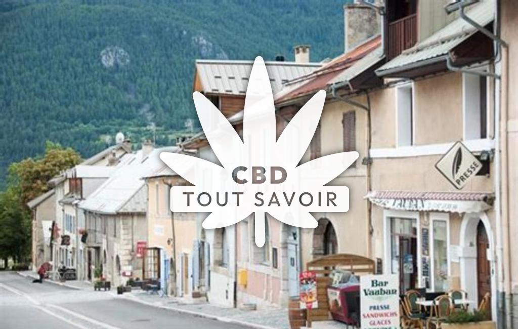 Village dans les Hautes-Alpes avec feuille Cannabis CBD