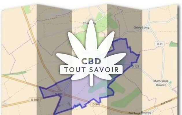 Village à Tourcelles-Chaumont avec feuille Cannabis CBD